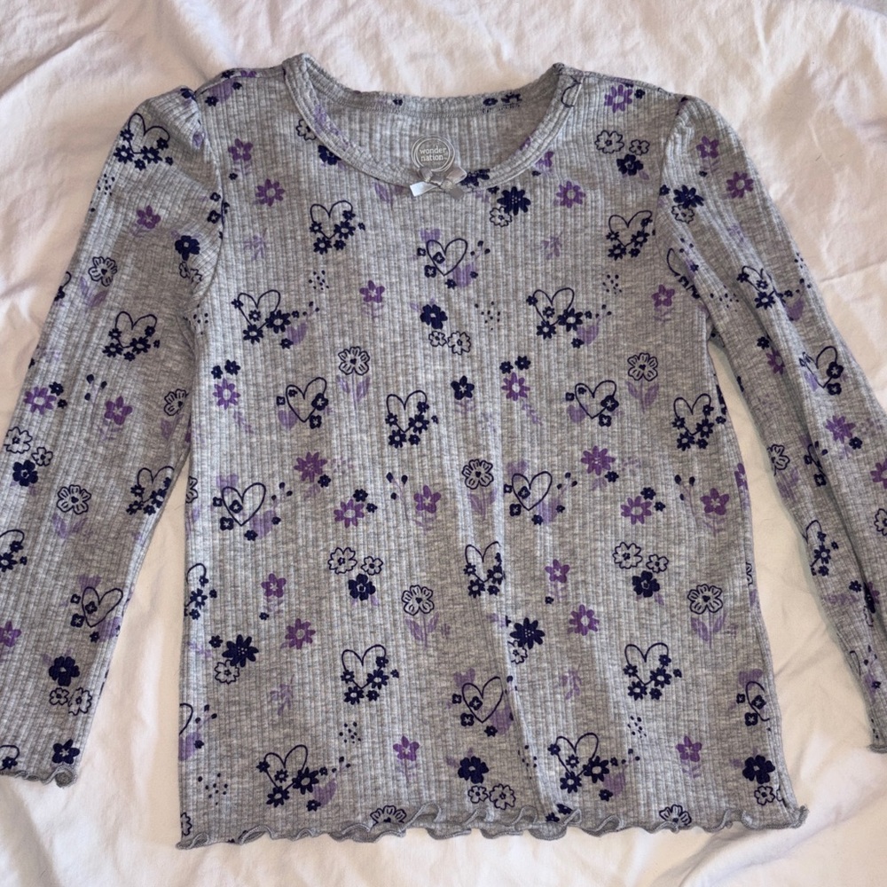 wonder nation Gray Long-Sleeve Top with Purple & Navy Floral Hearts